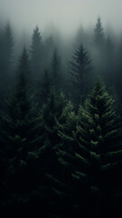 Wall Mural - foggy landscape in a coniferous forest, gloomy autumn view twilight cold evening in a mountain forest, vertical panorama of tall trees