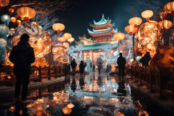 Sticker - The annual Lantern Festival, illuminating the night with colorful lantern displays, emphasizing the Concept of cultural festivals. Generative Ai.