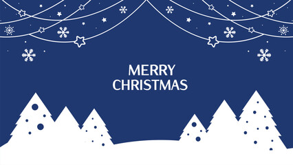 minimalist christmas greeting card with stylized pine trees, garlands, snowflakes and snowfall. wint