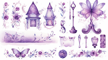 set collection of purple delicate accessories of a fairy princess watercolor drawing isolated on a white background  soft lavender color