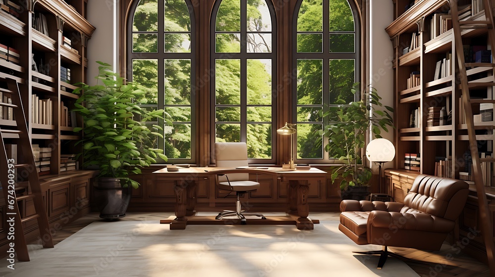 Interior Design, a perspective of of a study room with mahogany walls ...