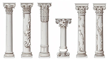 ancient marble columns set collection of isolated architectural elements on a white background