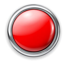 Realistic big red plastic button with thin shiny metallic border. With shadow on white background