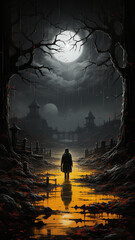 Wall Mural - Horror a lonely silhouette vertical, high, narrow, in a gloomy foggy forest, maniac thriller the darkness of the night