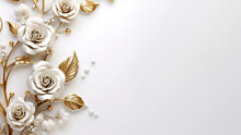 White Roses With Golden Details 3D Illustration Over White Backgorund For Copy Space. Wedding Card Concept