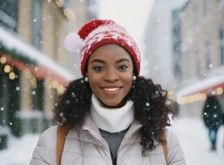 Canvas Print - African american woman walking around the snowy city. Winter Holiday Season Concept