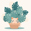 Zabawny kotek ukrywający się w liściach monstery.