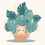 Fototapeta  - Zabawny kotek ukrywający się w liściach monstery.