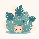 Fototapeta  - Zabawny kotek ukrywający się w liściach monstery.