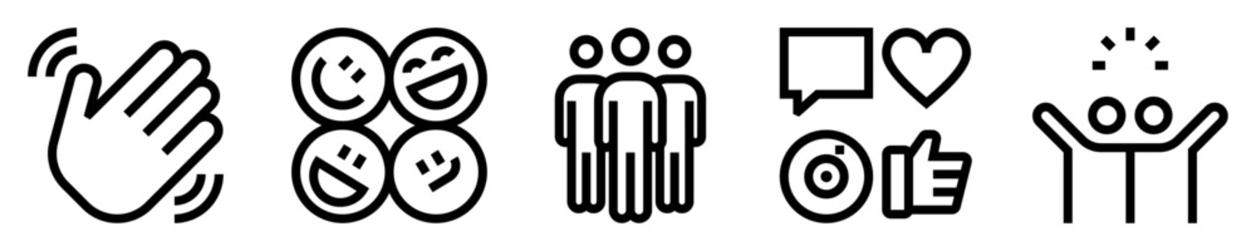 Conjunto de iconos de relación social. Comunicación e interacción humana. Saludo de mano, caras felices, grupo de personas, redes sociales, amistad. Ilustración vectorial
