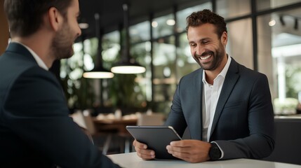 Smiling young male financial advisor holding digital tablet consults with client. generative AI