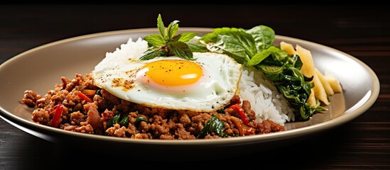 Poster - Thai street food known as Pad kra prao Moo is a popular dish consisting of minced pork stir fried with holy basil It is typically served alongside plain jasmine rice and topped with a fried 