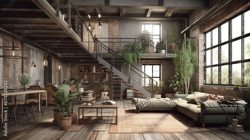 Living room interior in loft, industrial style with plants, 3d render ...