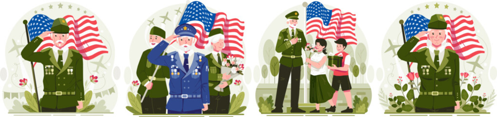 Wall Mural - Illustration Set of A Group of Veterans With an American Flag and Holding Flowers Saluting. Children Giving Flowers and Gifts to a Veteran. Celebrating Veterans Day