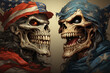 two skulls confront each other, resembling the partisan conflict and political polarization of American Democratic and Republican parties.