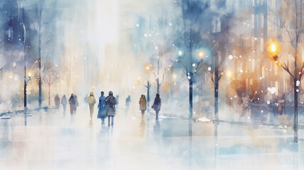 Wall Mural - watercolor urban style crowd of people blurred background in gray and light blue November, December seasonal poster