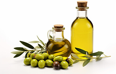 Olive oil set. Glass bottle of olive oil_with olives on a white background