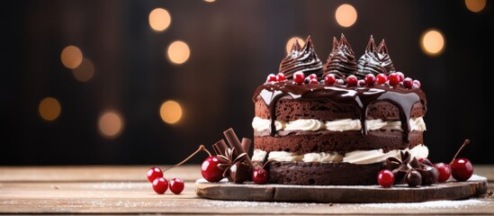 Wall Mural - Delectable chocolate cake displayed against a bright wooden backdrop