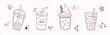 Bubble Boba milk tea, Pearl milk tea, Yummy drinks, coffees and soft drinks doodle style. Cute vector illustration of hot and iced coffee to go cup hand drawn set