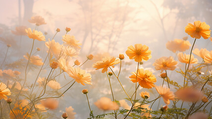 Wall Mural - a field of marigolds in autumn fog morning landscape, a close-up view of orange wild flowers