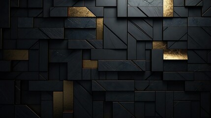 Wall Mural - defined by squares and rectangles, a visual masterpiece, Geometric luxury in a dark 3D wall with gold and black textures, 