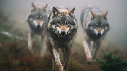  a pack of wolves in the autumn forest , frontal view of wildlife, predators hunting, fear of the attack of wild animals