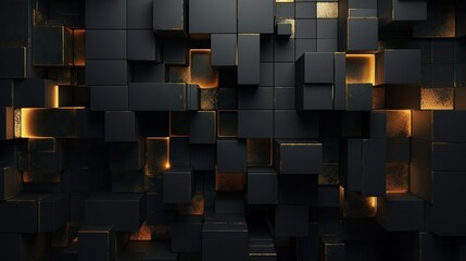 Wall Mural - 3d render of a glowing background, Banner illustration of a dark geometric wall with luxurious gold and black 3D textures, a captivating play of squares, wallpaper 