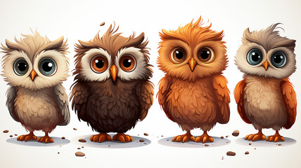 Wall Mural - collection of cute cartoon owls on a white background set