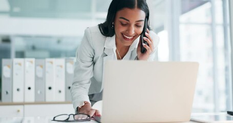 Poster - Phone call, laptop and business Indian woman in office for planning, discussion and communication. Corporate worker, email and female person talking on computer for contact, network and conversation