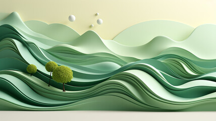 greeting card, green abstract landscape in the style of paper sculpture.