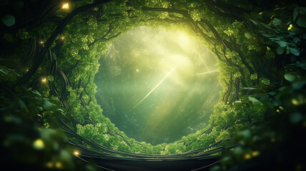 round tunnel frame arch entrance in green trees eco forest nature postcard copy space.