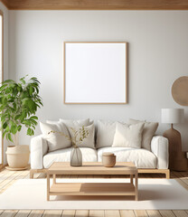 Wall Mural - 3D render of a mockup frame in the interior of a farmhouse living room,