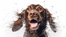 Dog Shakes Off Water Studio Photo White Background, Happiness Joy.