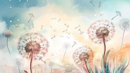 watercolor dandelions art light tones background wallpaper freedom of flight.