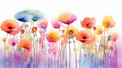 Wall Mural - watercolor wild flowers in the field gradient rainbow poppies.