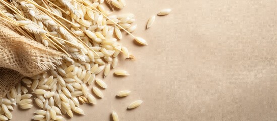 Wall Mural - Close up photo captured from above depicts a textured background showcasing the beauty of fresh grains seeds and kernels of rice The image exhibits a heap of white rice on a cloth backgroun
