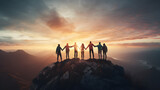 Fototapeta Góry - Friends holding hands close to the mountain top, illustrating the concept of teamwork,