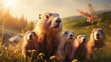 Cute Groundhogs Family Standing In A Meadow, Long Shot View, Wide View, Sunlight