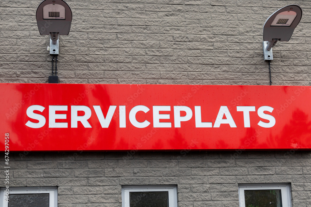 Stockholm, Sweden A sign at a garage and gas station says Serviceplats ...