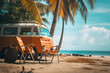 Ready for summer travel. Orange van with palm tree, beach chair and beach accessories. Summer and holiday concept. Ai generative