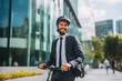 © Patcharaphon - Businessman in suit riding electric scooter on road in city, Ecological transportation, sustainable lifestyle concept. Generative AI