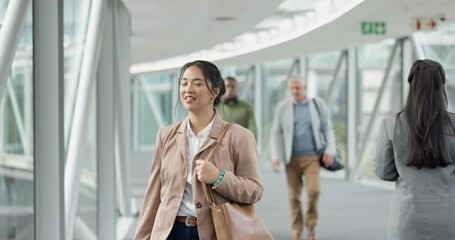 Sticker - Airport, walking and business woman travel to airplane, flight booking and luggage with international trip. Suitcase, employee and female person with plane departure, journey and corporate travelling