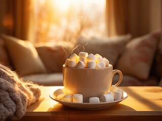 Poster - A cup of hot chocolate and marshmallows on a table. Generative AI.