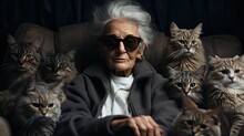 Crazy Old Granny In Glasses, Cat Lady Sitting In A Chair In Cloak, With Her Many Favorite Cats. Love To Animals	