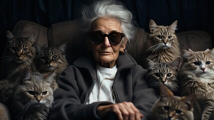 Crazy old granny in glasses, cat lady sitting in a chair in cloak, with her many favorite cats. Love to animals	