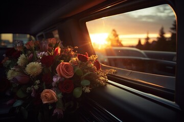 Beautiful flowers in a car at sunset. Concept of funeral.