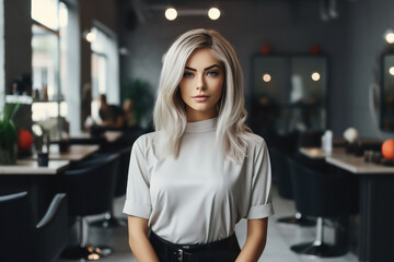 Sticker - Young and confident female hair stylist standing at salon