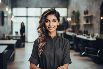 Sticker - Young and confident female hair stylist standing at salon