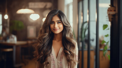 Sticker - Young woman standing at salon after complete new hairstyle.