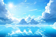 Anime Cloud In Blue Heaven Sky Vector Background. Summer Abstract Cloudy Air Design With Gradient And Sun Light With Reflection. Beautiful Calm Morning Game Outdoor Panorama With Sunshine Painting 